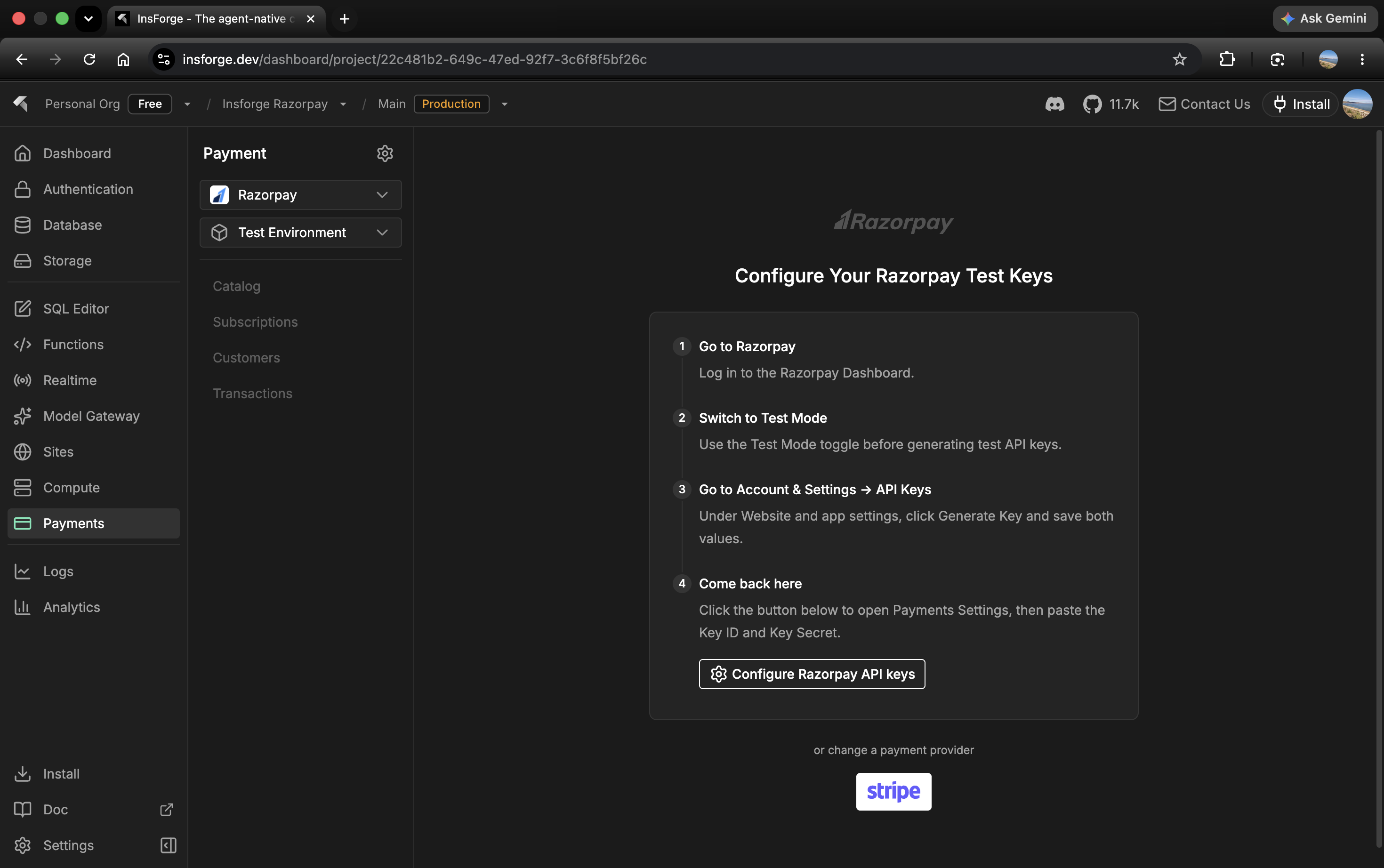 After: Razorpay is a first-class citizen, fully integrated into the dashboard and runtime SDK.